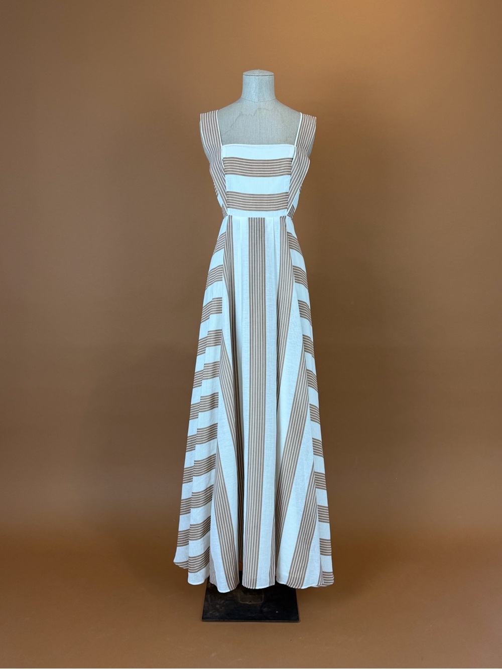 ANTONIO MELANI x Mary Glenn Cream and Tan Striped Sleeveless Maxi Dress